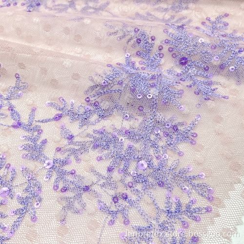 Polyester Embroidery Lace Mesh Fabric With Purple Sequin